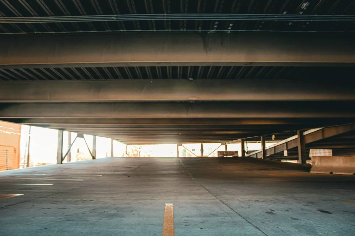 Black and white view under the parking deck