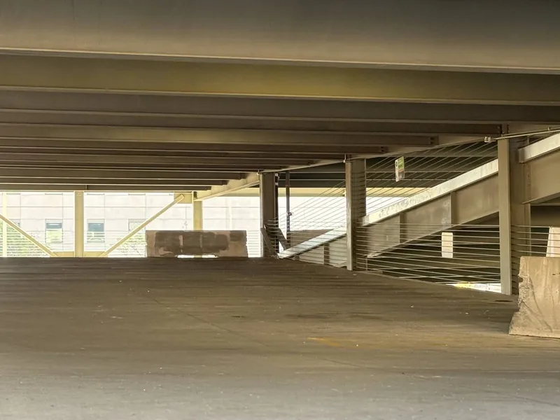 Structural detail of the covered parking garage interior